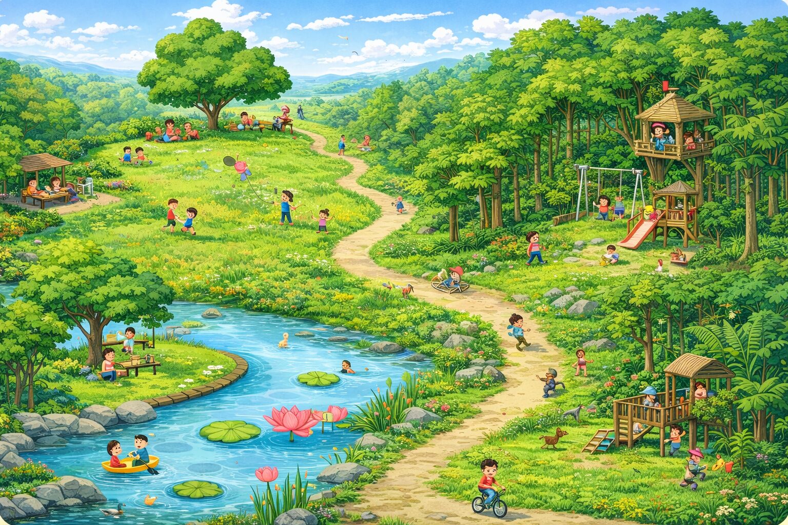 ちょけん大広場の全体俯瞰イラスト。家族や子どもたちがピクニックやボート遊び、遊具や音楽を楽しんでいる様子を描いたカラフルな公園風景