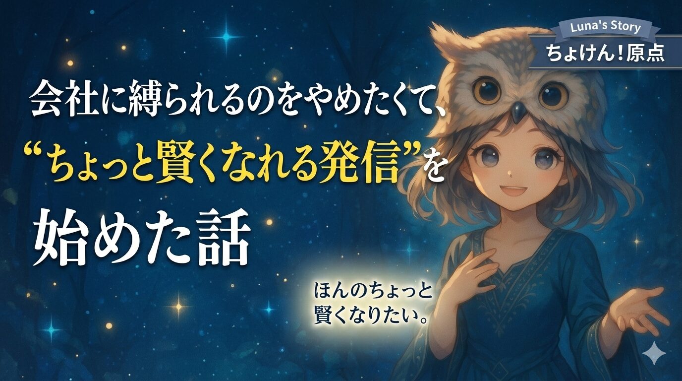 フクロウの帽子をかぶった女の子「ルナ」のイラストと、ブログ「ちょけん!」の開設理由を伝えるキャッチコピー入りのアイキャッチ画像