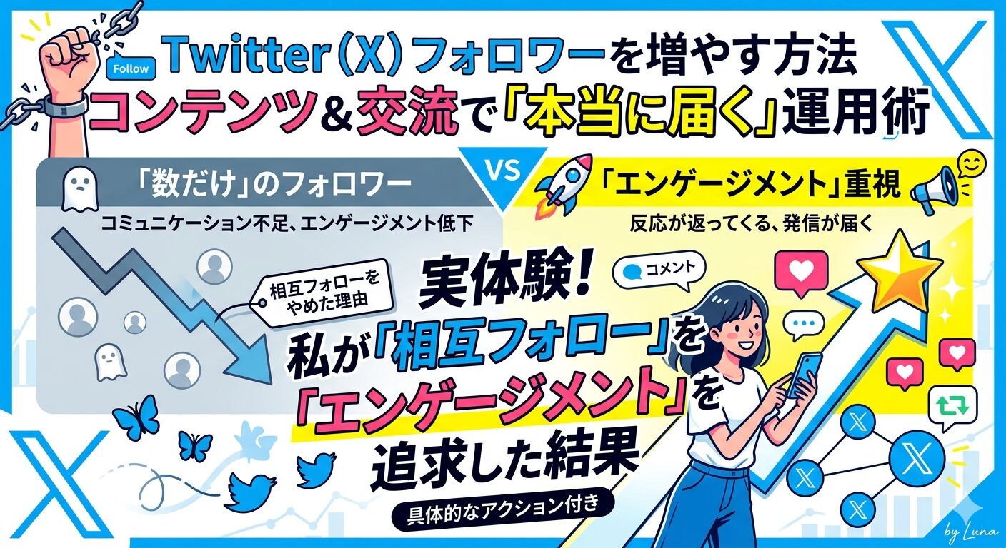 Twitter（X）のフォロワーを増やす方法を比較した図解。相互フォローによる「数だけのフォロワー」と、コンテンツ重視の「エンゲージメント重視」の違いを解説。スマホを操作する女性のイラストと、上昇するグラフのイメージ。