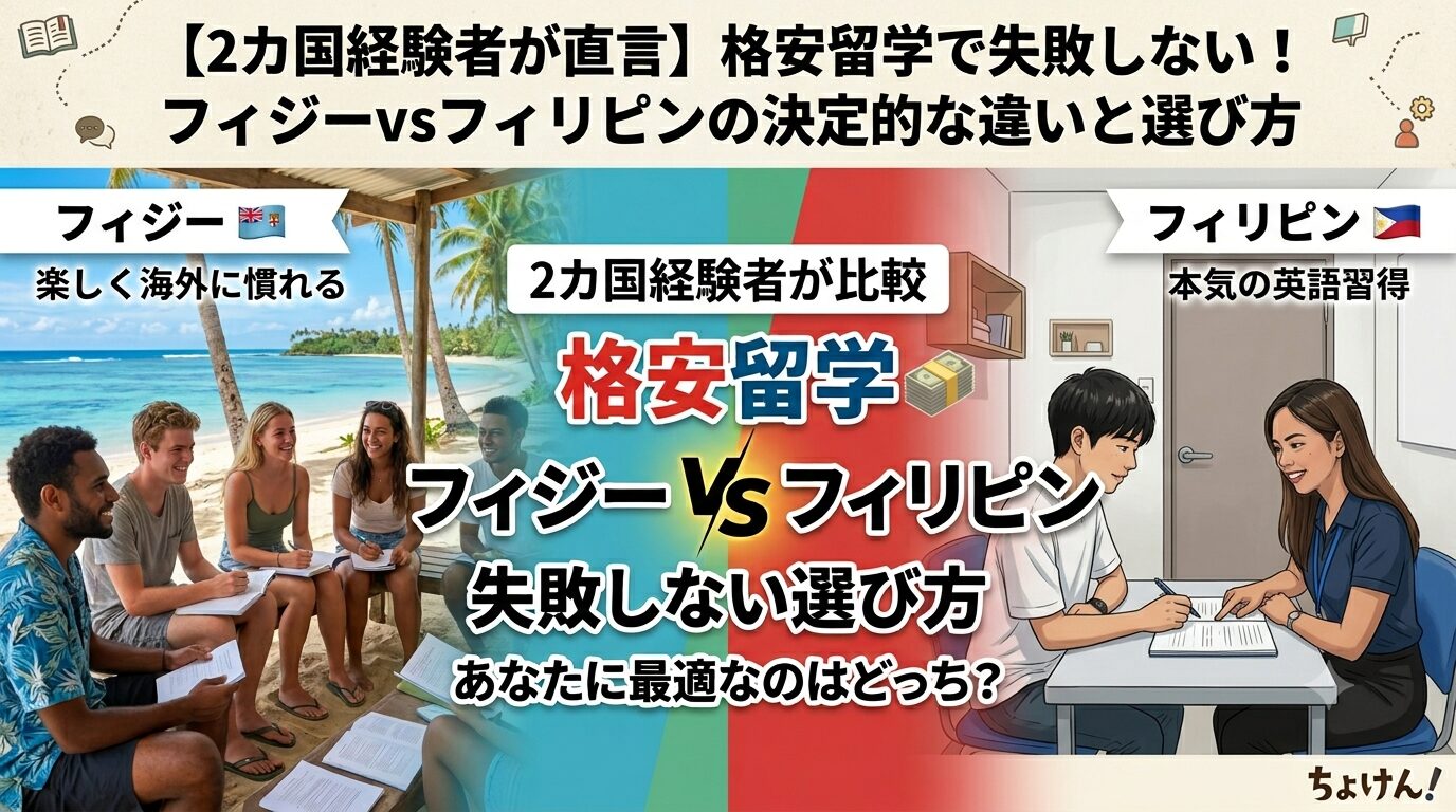 フィジーのビーチでのグループ学習と、フィリピンの個室マンツーマンレッスンの様子を対比したアイキャッチ画像。
