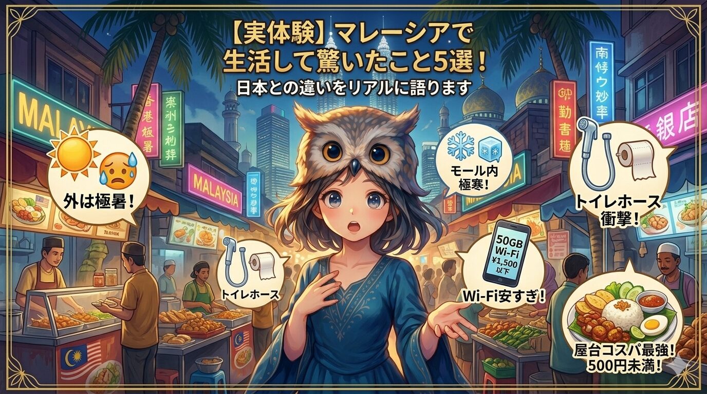 マレーシア生活の驚きを紹介するブログ記事のアイキャッチ画像。フクロウフードの少女が夜の屋台街に立っている。