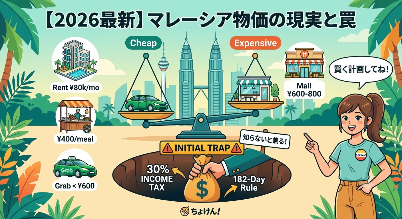 マレーシアの物価の現実と182日ルールの罠を比較解説するイラスト