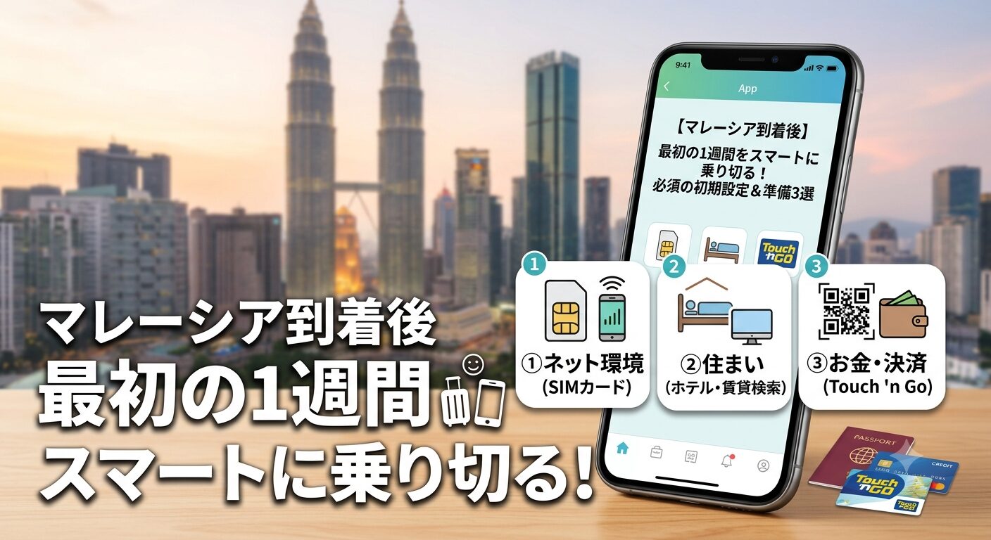 マレーシア到着後、最初の1週間をスマートに乗り切る！必須の初期設定＆準備3選（ネット環境、住まい、お金・決済）を解説するブログのアイキャッチ画像