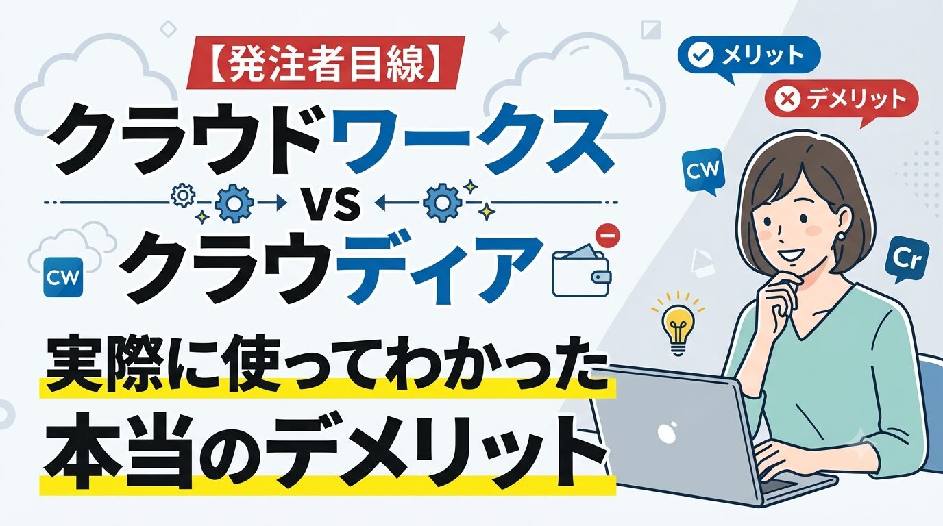 クラウドワークスとクラウディアを比較し、実際に使ってわかった本当のデメリットを解説するブログ記事のアイキャッチ画像。パソコンを使う女性のイラストと対比するテキストが描かれています。