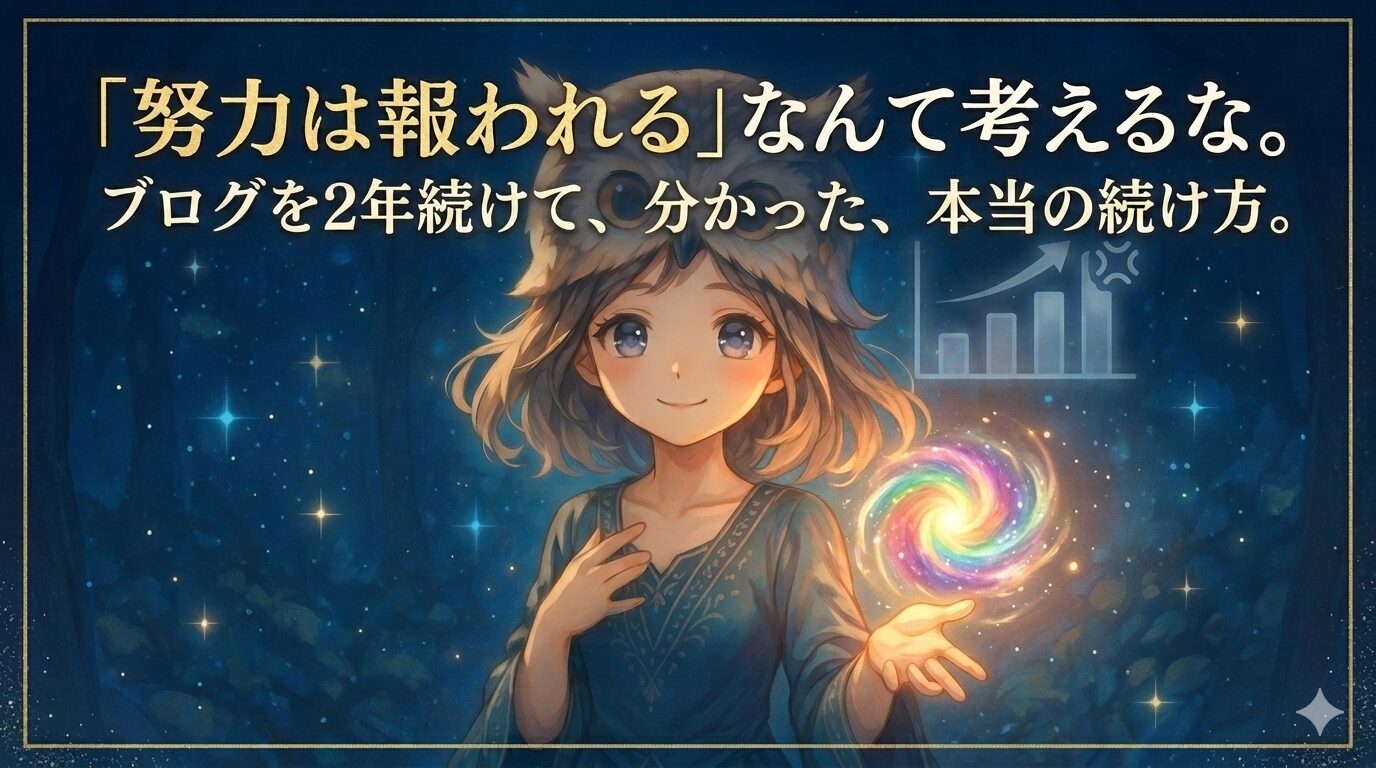 「『努力は報われる』なんて考えるな。」という強力なメッセージと、ブログ継続の秘訣を伝える、フクロウフードの少女と虹色の渦を描いた魔法のような夜の森のアイキャッチ画像。