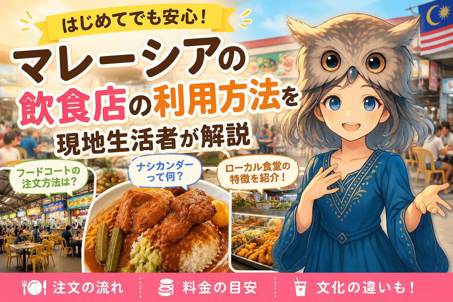 マレーシアのフードコートやナシカンダーなど、ローカル飲食店の利用方法を紹介するアイキャッチイラスト