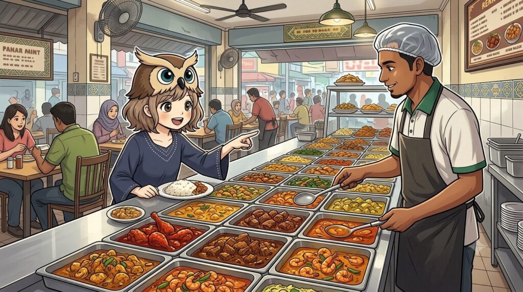 マレーシアで初めてのナシカンダーに訪れている少女。並べられたたくさんの食材から食べたい物を選んでいる。