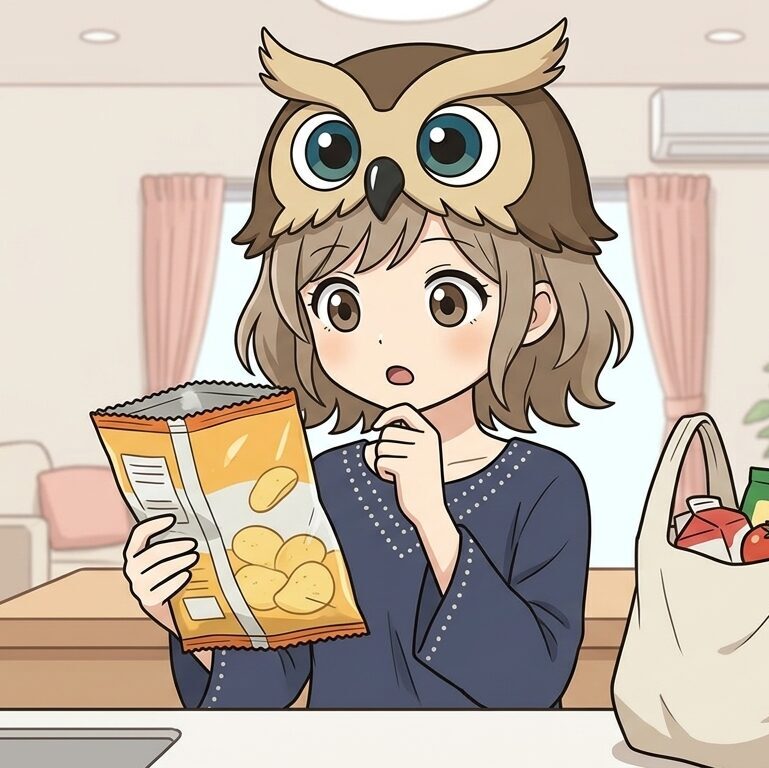 食材の買い出し後にスナック菓子のパッケージを見る、るなのイラスト