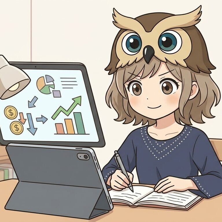 画面のチャートやデータを分析して笑顔でノートにまとめる、るなのイラスト