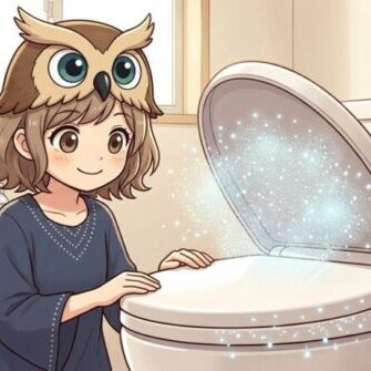 トイレの蓋を閉める重要性を学ぶ、るなのイラスト