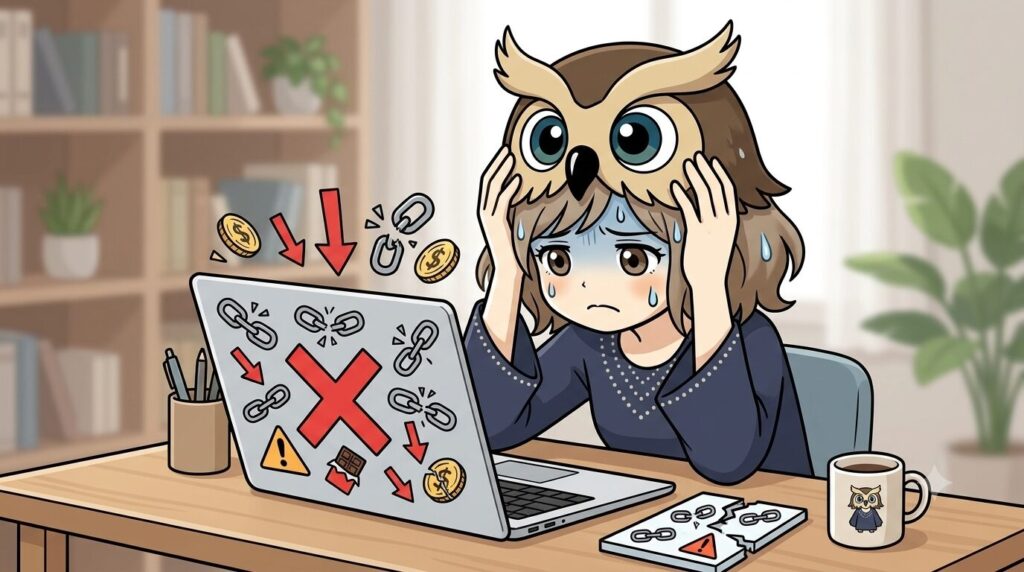 ドメインの選択を適当にしてしまい、頭を抱えているルナのイラスト