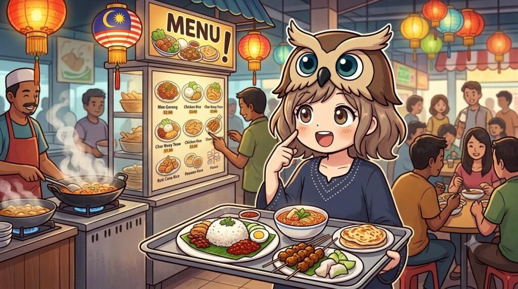 マレーシアのフードコートでいろんな料理を見て回る少女