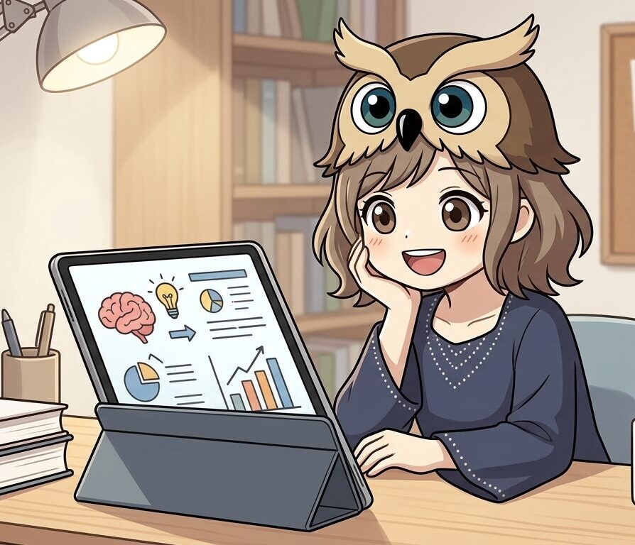 机に向かい、タブレットの画面を見ながら『うんうん!』と笑顔で勉強・納得しているシーン