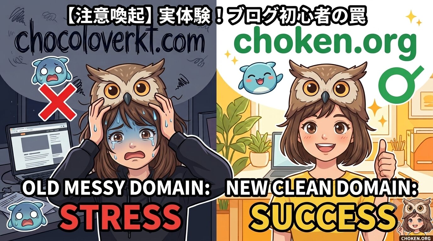 ブログ初心者の罠：ドメイン選びの失敗によるストレスと、新ドメインでの成功の対比イラスト