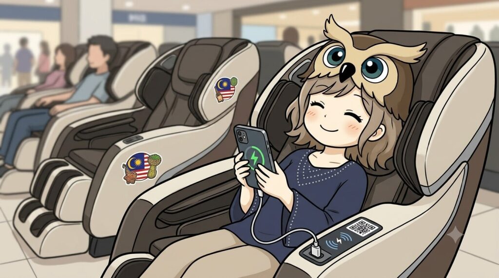 マッサージチェアでマッサージされながら、スマホの充電もしている少女。リラックスしている。