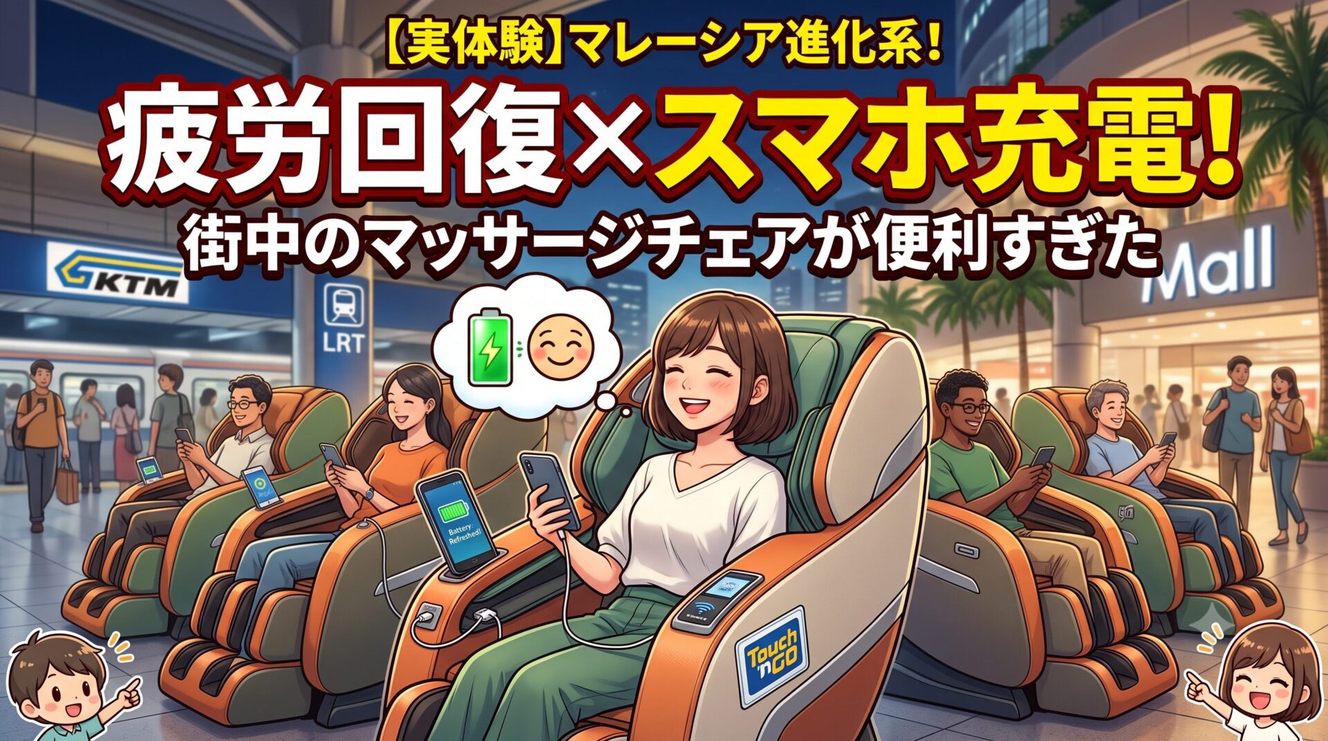 マレーシアの駅やモールに並ぶ、スマホ充電とTouch 'n Go決済ができる便利なマッサージチェアのアイキャッチ