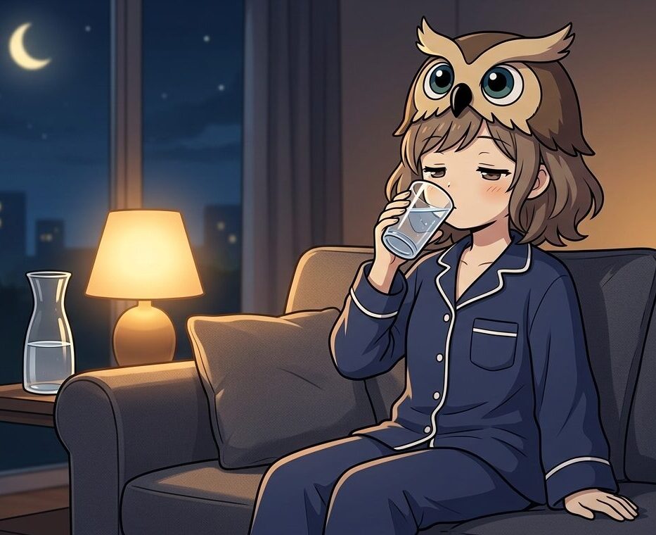 リビングのソファで睡眠前の水分補給をする、るなのイラスト