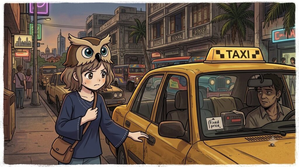 マニラで怪しいタクシーに警戒している様子の少女