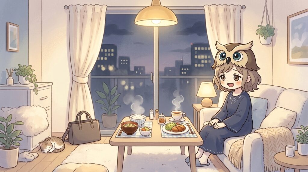 仕事で疲れた日でも、温かい夕食や自宅の安心感に包まれてホッとする様子を描いたイラスト