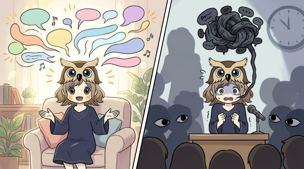 一人だとリラックスしてスラスラ話せるが、人前だと緊張して言葉が詰まってしまう様子を描いたイラスト