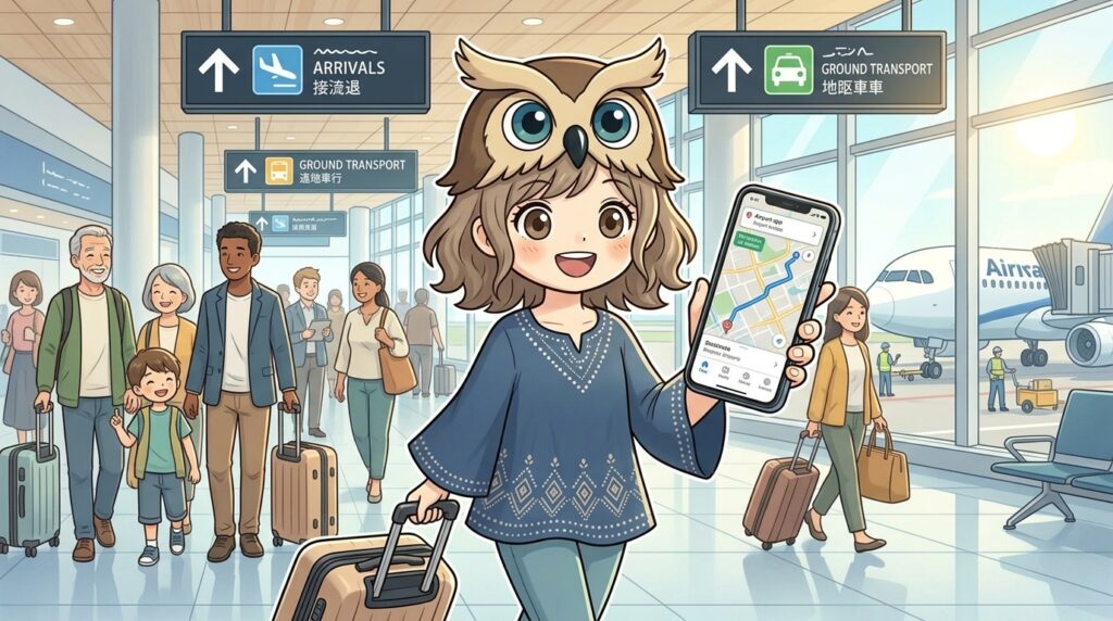 海外の空港到着後、スマホでマップを開いて安心して目的地へ向かう旅行者のイラスト