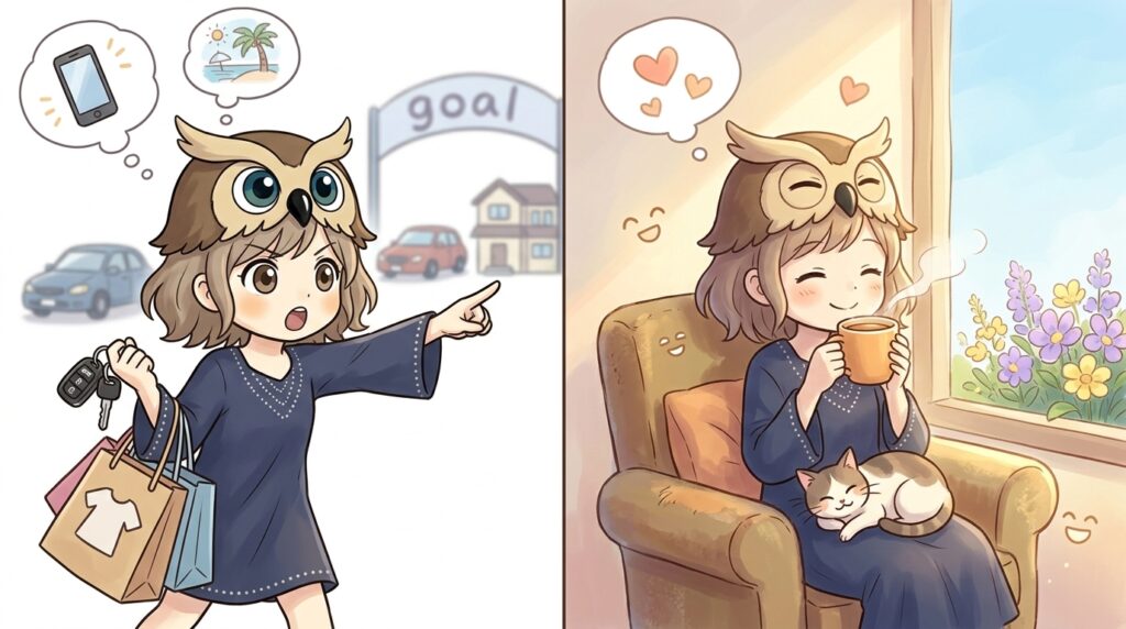 何かを手に入れる幸せと、身近な出来事や環境に気づいて満たされる幸せを描いた対比イラスト