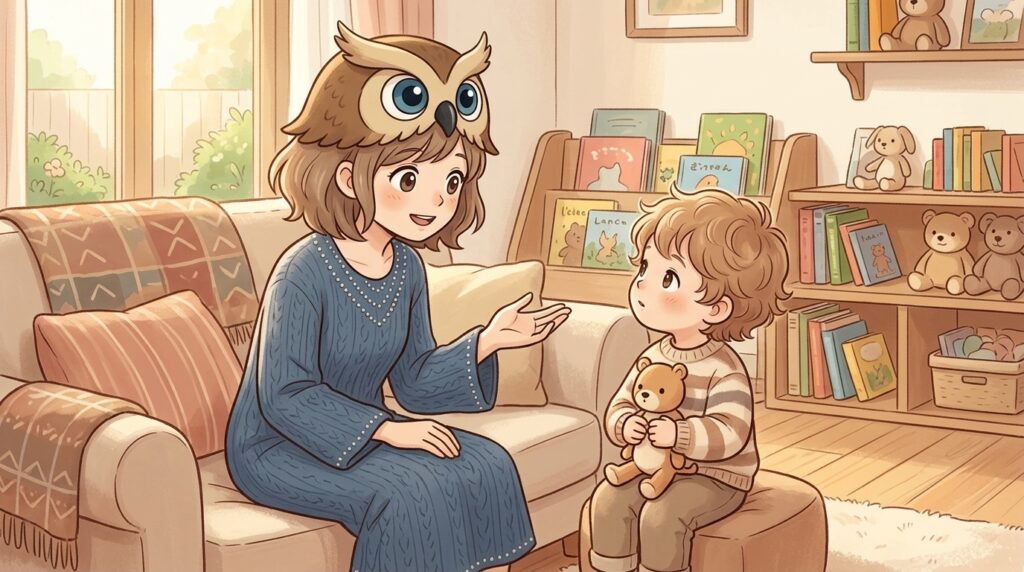 幼い男の子と一緒にお話ししているイラスト