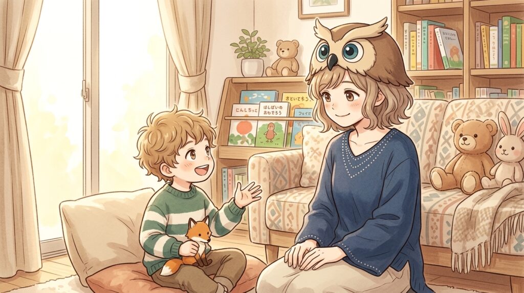 小さい男の子が自分から積極的に楽しそうに話しているイラスト