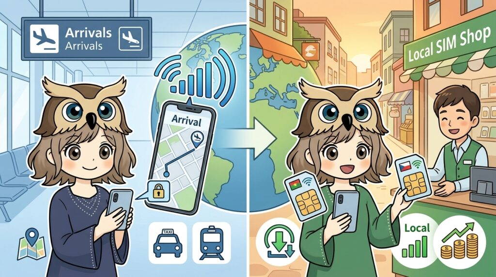 到着直後は日本の海外ローミングを使い、その後現地SIMへ切り替える手順を表したイラスト