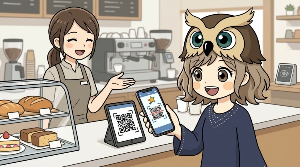 マレーシアのカフェで、ルナがスマートフォンを使ってQRコード決済をしている場面。