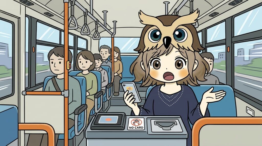 ペナンの路線バスに乗ろうとしたルナが、スマートフォンを持ったまま困っている場面。